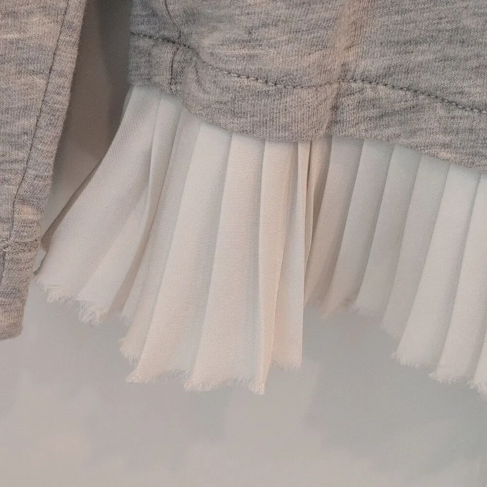 J Crew Mixed Media Sweatshirt XS Gray Accordion Pleat Ruffle Hem Preppy Chic